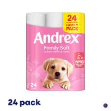 Andrex Gentle Clean Toilet Roll White, 24 Pack - Fragrance-Free, Dermatologically Tested, Embossed with Puppies