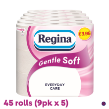 Gentle Soft Toilet Tissue - 45 Rolls of 3 Ply Toilet Paper, 160 Sheets, Soft and Gentle, 30% PCR Plastic Packaging, FSC Certificated