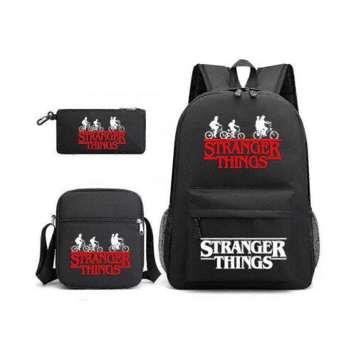 (Black) Stranger Things Backpack 3 Piece Set Student School Bag Canvas Bag JJM