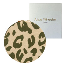 (Olive Leopard) Alice Wheeler London Animal Print Compact Mirror ? Vegan Leather Round Purse Mirror with Dual Magnification ? 7 cm ? Leopard or Zebra