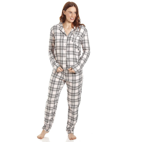 (light pink black check, 18) Womens Check Print Flannel Pyjama Set
