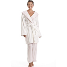 (White Pink Dot, 14-16) Womens Supersoft Fleece Hooded Bathrobe