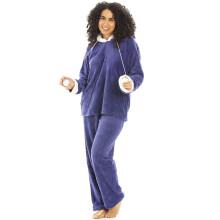(plain navy, 18-20) Camille Women's Hooded Pyjama Set Long Sleeve Fleece Nightwear