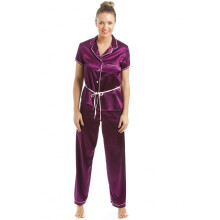 (plum, 14) Camille Women's Belted Pyjama Set Dark Purple Short Sleeve Satin Nightwear