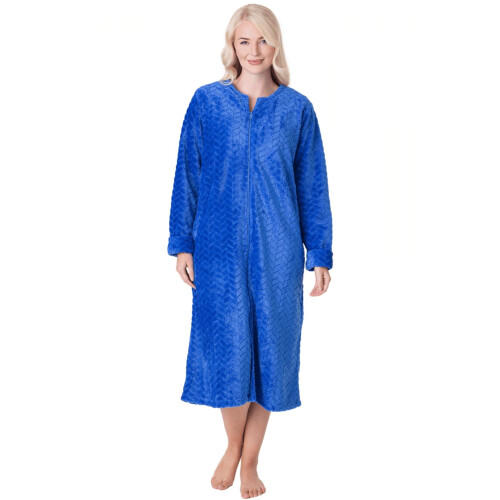 (BLUE, 22-24) Womens Supersoft Zip Front Embossed Housecoat