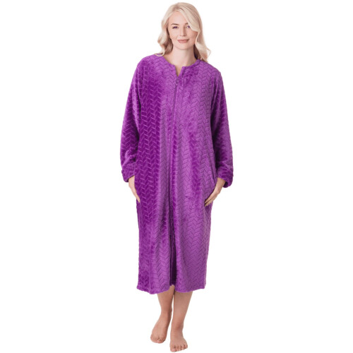 (PURPLE, 14-16) Womens Supersoft Zip Front Embossed Housecoat