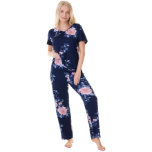 (navy lilly floral, 18-20) Womens Lightweight Floral Print Short Sleeve Pyjama Set
