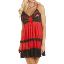 (RED, S-M) Womens Red And Black Sheer Mesh Babydoll & Thong