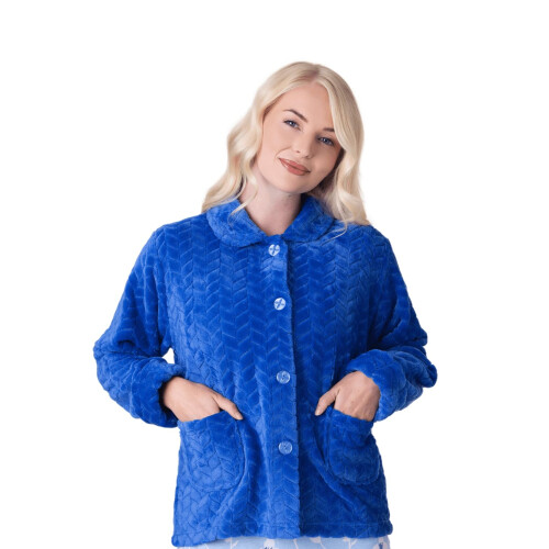 (BLUE, 10-12) Womens Supersoft Button Front Embossed Bed Jacket