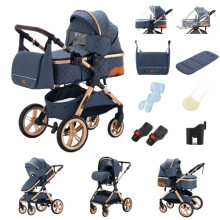 3-in-1 vaunu, korkealaatuinen yhdistelmävaunu, ALYIKOU, kestävät renkaat + käytännöllinen hoitolaukku, Sininen