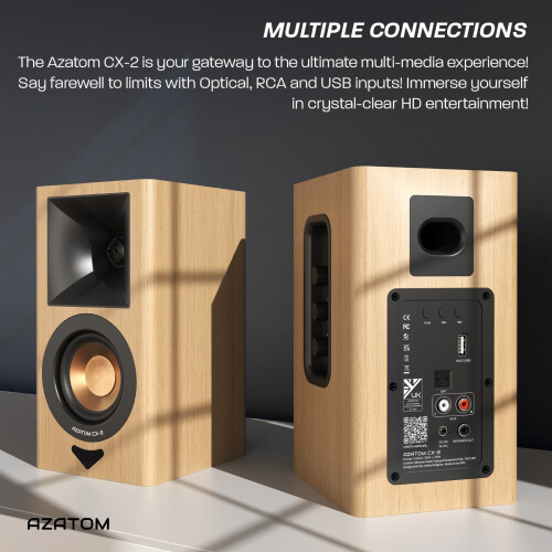 Bookshelf Speaker with Bluetooth, Optical, RCA & USB - AZATOM CX-2 Oak 2