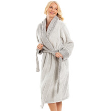 (deep pile grey, 14-16) Womens Deep Pile Fluffy Bathrobe With Reverse Collar and Cuffs