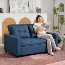 HOMCOM 2 Seater Pull Out Sofa Bed with Pockets for Living Room, Dark Blue