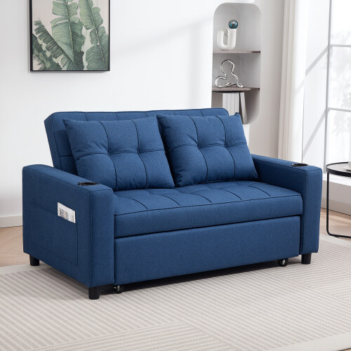 Homcom HOMCOM 2 Seater Pull Out Sofa Bed with Pockets for Living Room, Dark Blue 1