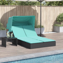 vidaXL Doppelte Sonnenliege mit Baldachin und Kissen, schwarzes Polyrattan