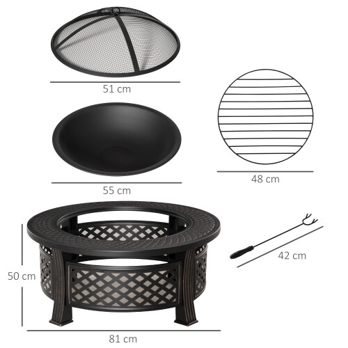 Outsunny Outsunny Outdoor Fire Pit,Round Firepit with Grill Net,Mesh Lid,Bronze Tone 2