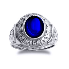 (Y) Jewelco London Rhodium Silver Blue Oval Cabochon CZ Solitaire London University College Graduation Class Ring - ARN171