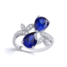 (Q) Jewelco London Sterling Silver Blue Pear CZ Olive Leaf Branch Duology Bow Toi et Moi Ring - GVR890