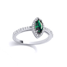(Q) Jewelco London Ladies Rhodium Plated Sterling Silver Green Marquise CZ Cats Eyes Halo Cluster Cocktail Ring - GVR995