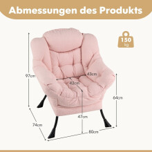 Roze relaxfauteuil met armleuningen, zijvak en voetensteun.