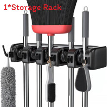 (Black 40cm)Modern Mop Broom Holder With Hooks Wall Mounted Organizer For Bathroom Use Kitchen