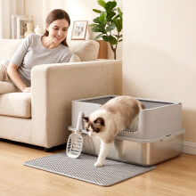 PawHut XL Stainless Steel Cat Litter Tray w/ Lid, High Sided Cat Litter Box