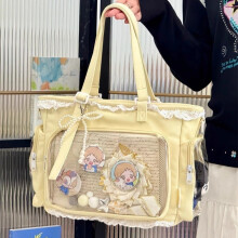 (Yellow) Kawaii Ita Bag Lace Lolita Tote Bag Clear Window Crossbody Shoulder Bag Japanese Style Diy Badge Display Handbag For Anime Fans