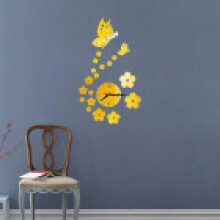(Gold) 3d Butterfly Mirror Flower Clock Wall Sticker Wall Decal Decor Home Removable
