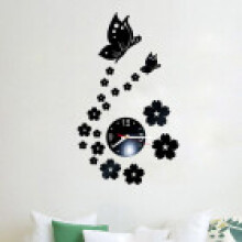 (Black) 3d Butterfly Mirror Flower Clock Wall Sticker Wall Decal Decor Home Removable