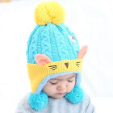 (Blue)Children Hat Autumn Winter Knitted Plush Thickened Warm Ear Protective Caps