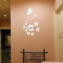 (Silver) 3d Butterfly Mirror Flower Clock Wall Sticker Wall Decal Decor Home Removable