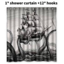 Octopus Sailboat Print Shower Curtains Waterproof Bathroom Hooks Decoration
