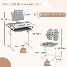 Verstelbare kinderbureau- en stoelset met kantelbaar blad, grijs
