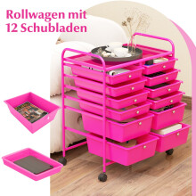Verrijdbare opbergwagen met 12 lades, metalen frame, roze