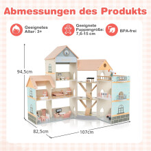 Houten hoekpoppenhuis met roze dak, 41 accessoires