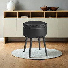 Dressing Table Stool - Synthetic Leather - Round - Mid-Century Modern with Storage and Steel Legs