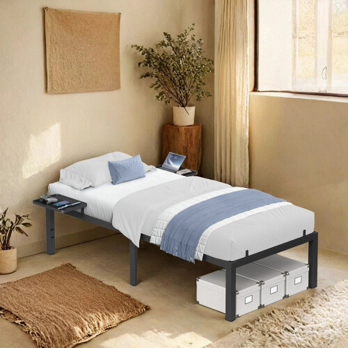 Single Metal Bed Frame - Metal - Black - Includes Bedside Shelves 2
