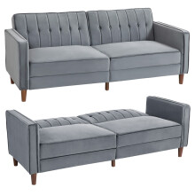 Velvet-Feel Three-Seater Sofa Bed - Dark Grey