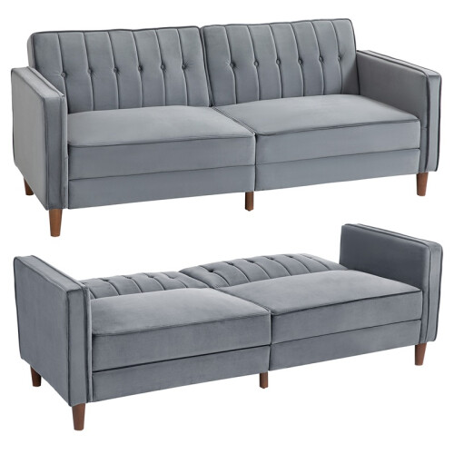Velvet-Feel Three-Seater Sofa Bed - Dark Grey