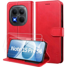 Étui Portefeuille - TECHTA - pour Xiaomi Redmi Note 15 Pro 5G - 2 Verres Trempés - Pochette Fermeture Magnétique Cuir PU - Rouge