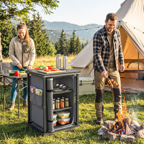 Outsunny Outsunny Camping Cupboards, Folding Camping Kitchen Table with 3-Tier 1