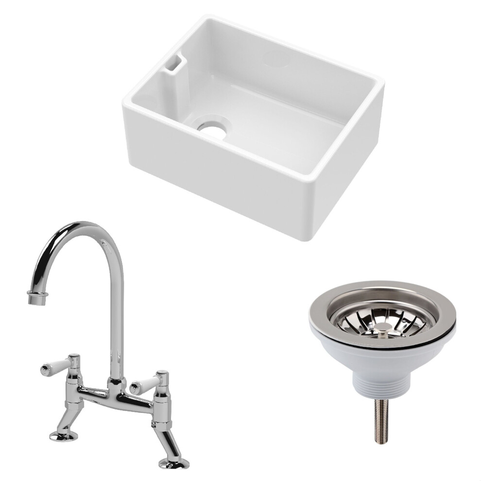 Photos - Kitchen Sink Traditional Fireclay Kitchen Bundle: 1 Bowl Belfast Sink with Strainer Waste & Bridge Mixer Tap, 595mm - Chrome White BKS218