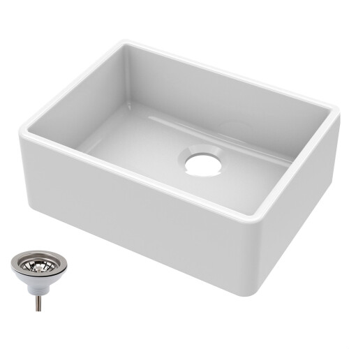 Balterley 595mm - Single Bowl Fireclay Butler Kitchen Sink  -  Chrome Strainer Waste