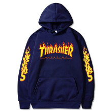 (NavyBlue,XL)Plus Size Thrasher Flame Print Pullover Hoodie Casual Couple Sweatshirt Unisex