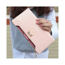 (Pink)Bolsa de mão carteira feminina moda feminina couro com zíper longo porta-cartão