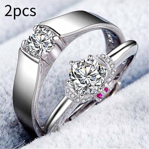 Couples 2pcs Zircon Ring Hand Jewelry Silver Adjustable Size Alloy Material