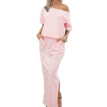 (Pink,XL)Solid Color Loose Short Sleeve Dress Off The Shoulder Clothing Fashion Women