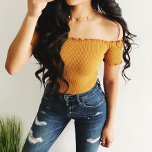 (Yellow,S)Women Summer Casual Off Shoulder Tank Top Vest Blouse Sleeveless Crop Tops Shirt