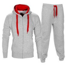 (Light Gray Red,3XL)Mens Tracksuit Set Fleece Zip Hoodie Topsbottoms Joggers Gym Contrast Jogging
