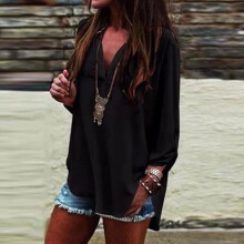 (Black,M)Fashion Women Vneck Short Sleeve Tshirt Casual Irregular Hem Loose Blouse Tops
